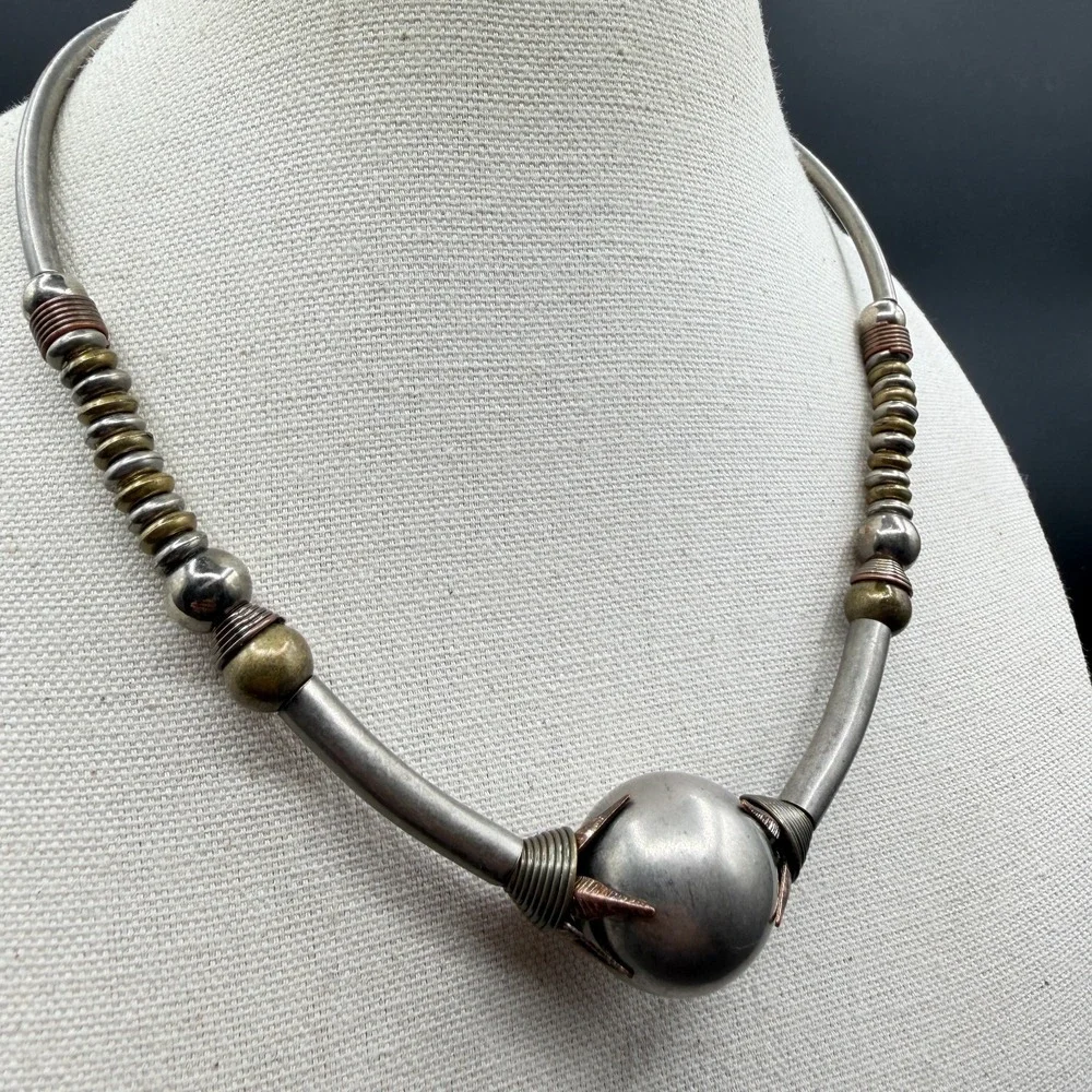 Mixed Metal Orb Collar Necklace Silver Copper & Brass Tone Statement Artisan